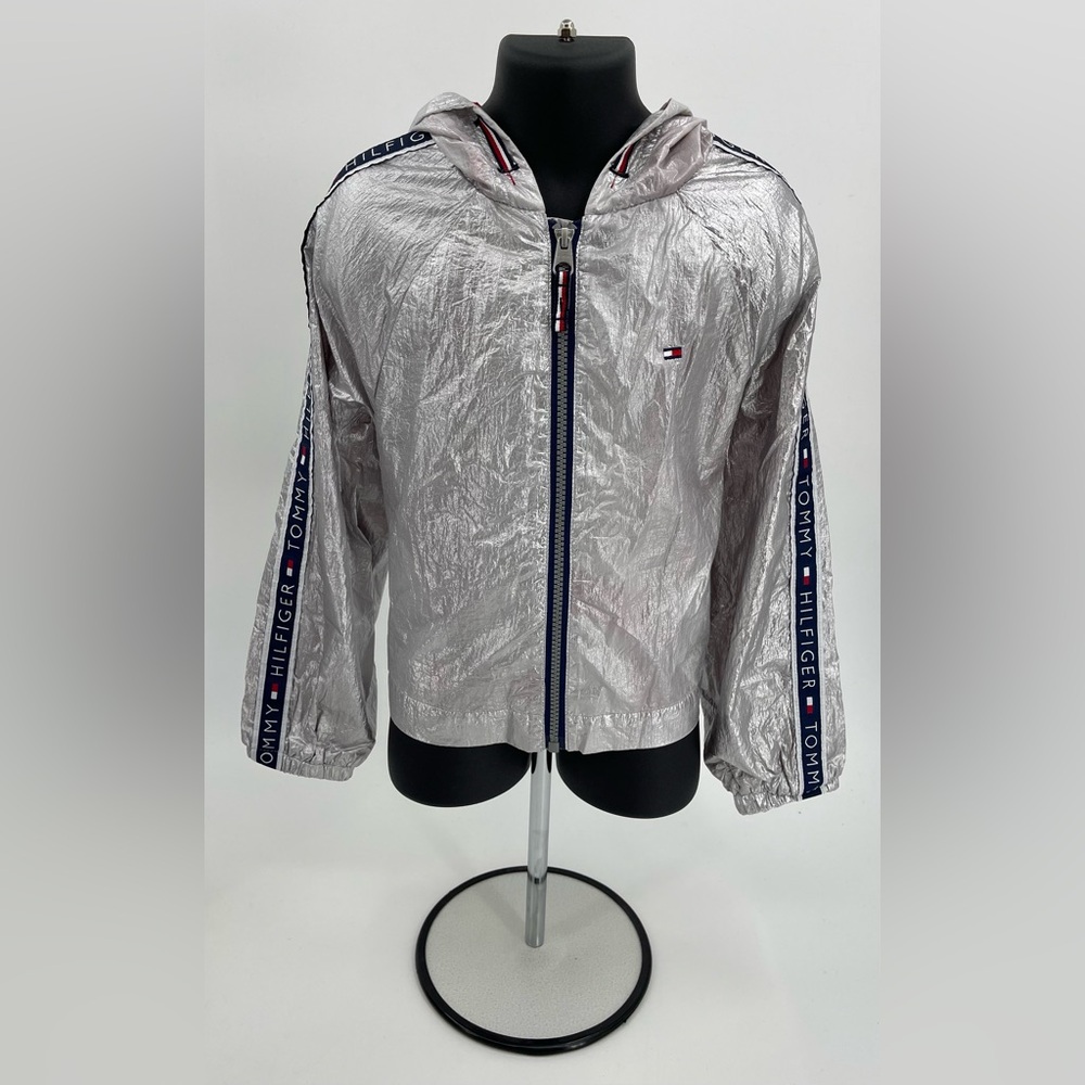 Tommy Hilfiger Hooded Metallic Silver Windbreaker Jacket Girl’s Small‎ (7) NWOT
